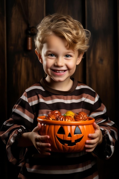 Dzieciak w kostiumie na Halloween trzymający miskę cukierków z psotnym uśmiechem