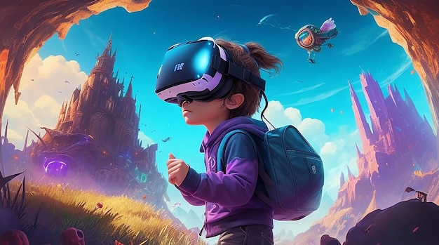 Dzieciak w okularach VR w fantastycznym, pomysłowym świecie gier