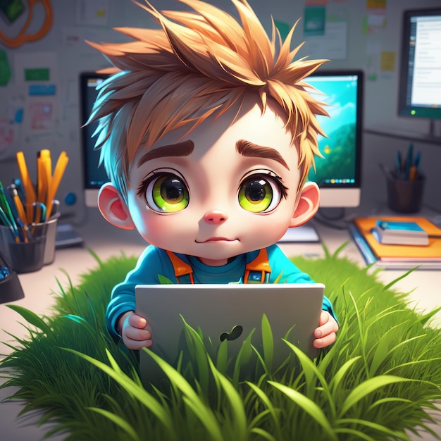 Zdjęcie dzieciak z kreskówki siedzący w komputerze z tabletem 3d