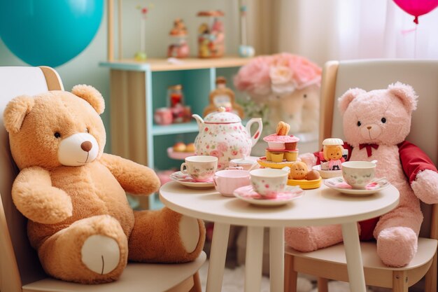 Dziecięca gra z pluszowymi niedźwiedziami pijącymi herbatę przy stole Generatywna sztuczna inteligencja