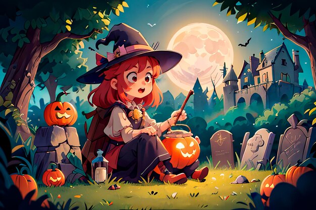 Dziecięca ilustracja na Halloween Mała wiedźma