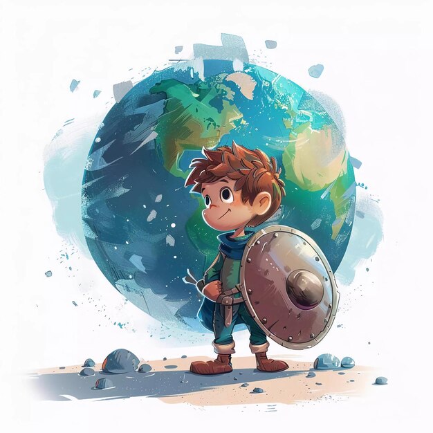 Dziecięca Ilustracja O Tym, Jak Rycerz Z Tarczą Chroni Planetę Ziemię Dzień Ziemi