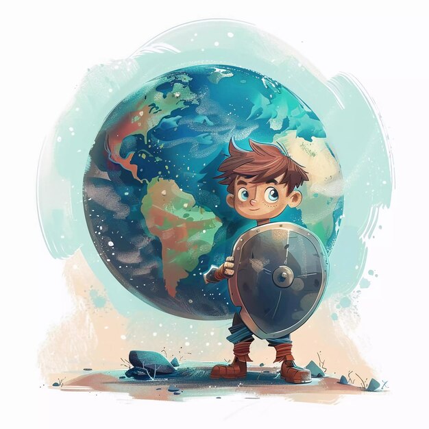 Zdjęcie dziecięca ilustracja o tym, jak rycerz z tarczą chroni planetę ziemię dzień ziemi