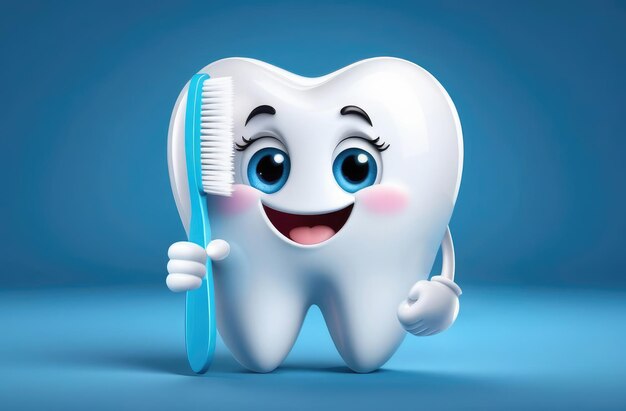 dziecięca stomatologia postać kreskówkowa z białym zębem na niebieskim tle trzymająca szczoteczkę do zębów