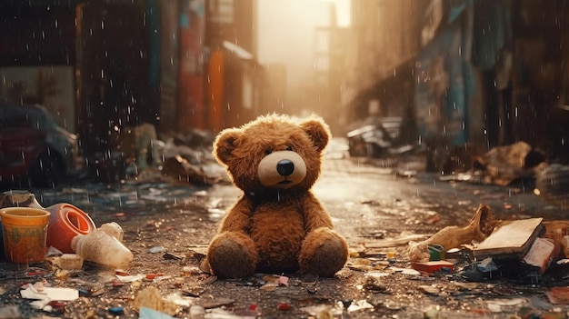 Dziecięca zabawka z pluszowym niedźwiedziem siedzi w miejskich śmieciach Generatywna sztuczna inteligencja