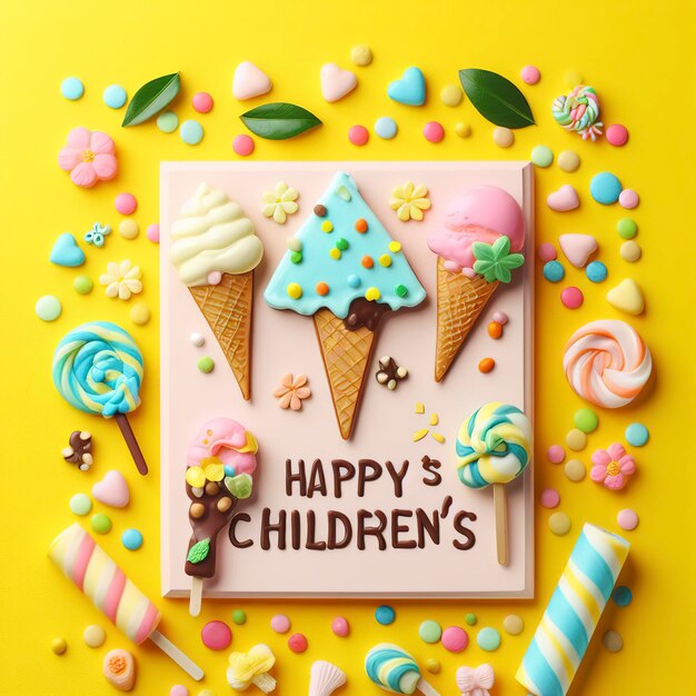 Zdjęcie dziecięce dni suche lody kolorowe czekolady żółte tło