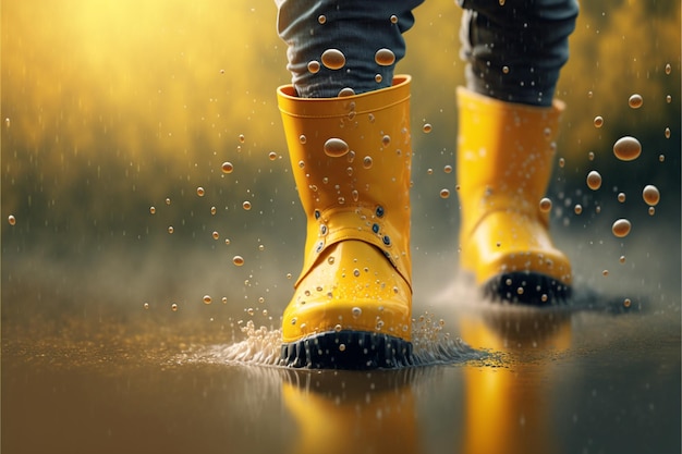Dziecięce stopy w żółtych gumowych butach przeskakujące przez kałużę w deszczu