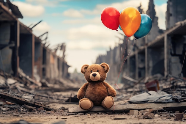 Dziecięcy pluszowy niedźwiedź z balonami nad spalonym miastem zniszczenie po konflikcie wojennym