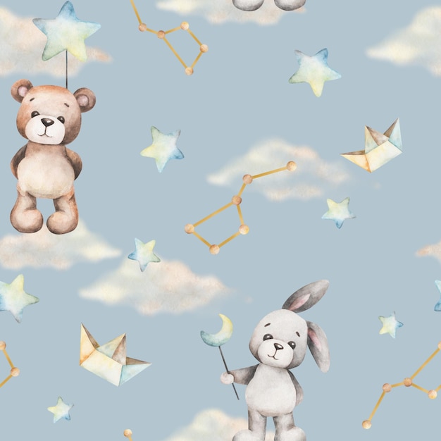 Dziecięcy wzór w mięciutkiego misia i zajączka. Rysunek chmur i gwiazd. Bezszwowy rysunek niedźwiedzia i królika.