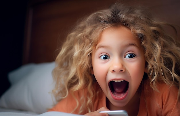 Dziecko alfa nowej generacji korzystające ze smartfona w łóżku Cyfrowe dziecko alfa cyfrowo samotnie z telefonem