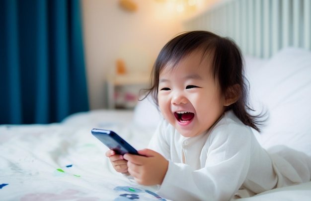 Dziecko alfa nowej generacji korzystające ze smartfona w łóżku Cyfrowe dziecko alfa cyfrowo samotnie z telefonem