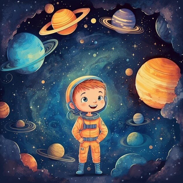 Dziecko astronautów na kolorowej ilustracji kosmicznej