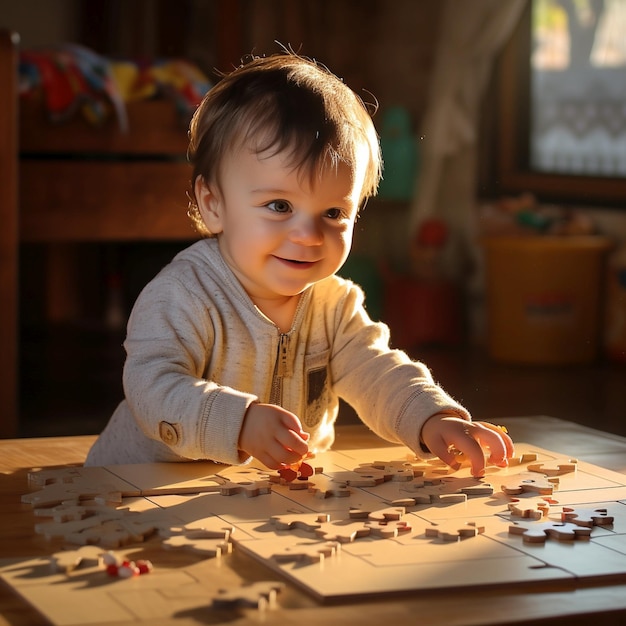 Dziecko bawi się puzzlem, dziecko bawi się zdjęciem.