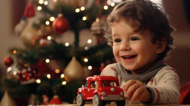 dziecko bawi się zabawkami w domu Dziecko bawi się samochodem Dzieci bawią się przy stole w pokoju dzieci w pobliżu choinki Zabawny styl życia dziecka