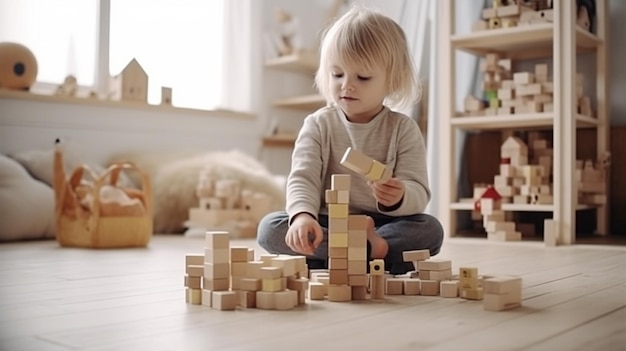Zdjęcie dziecko bawiące się drewnianymi klockami wykonanymi przez chłopca.