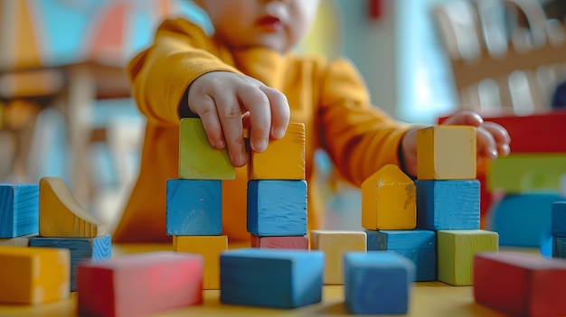 Dziecko bawiące się w domu kolorowymi drewnianymi blokami Koncepcja wczesnego rozwoju i edukacji