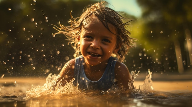 Zdjęcie dziecko bawiące się w kałuży wody