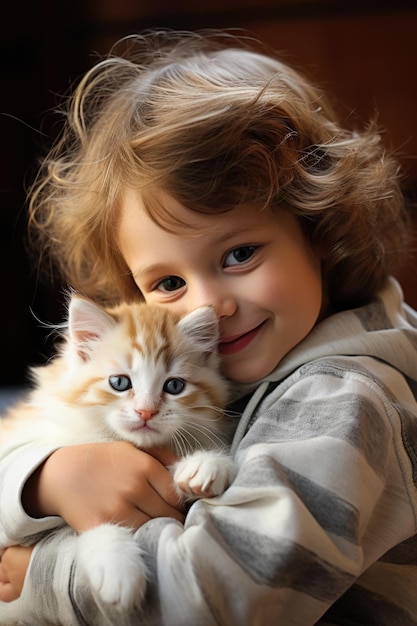 Dziecko bawiące się z kotkiem w domu