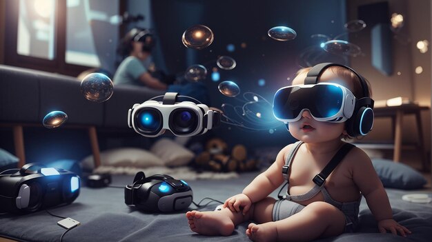 Dziecko bawiące się zestawami słuchawkowymi VR Metaverse i technologia przyszłości