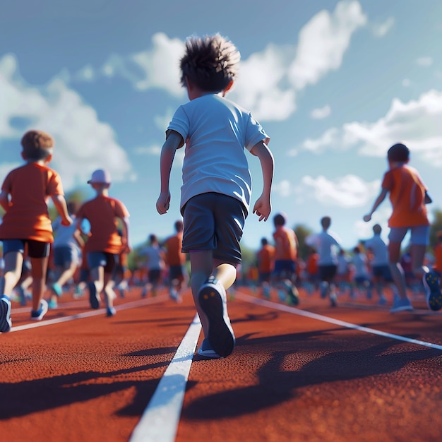 dziecko biegające po torze z niebieską koszulką