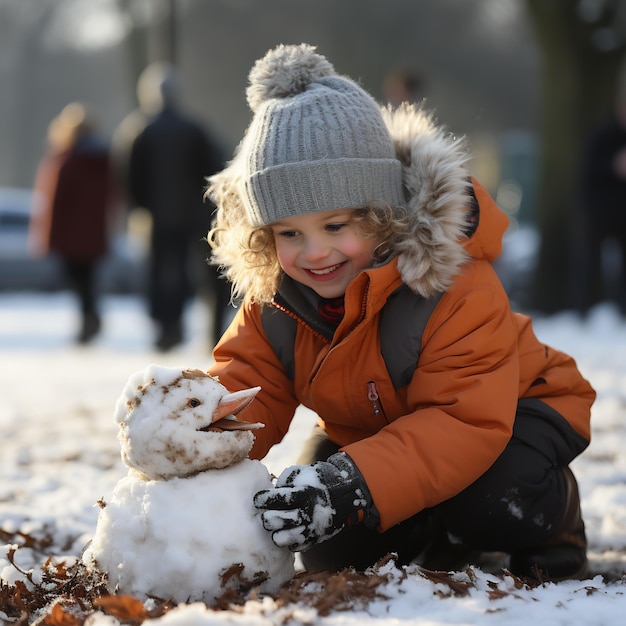 Dziecko budujące bałwana śnieżnego, a ostatnim kawałkiem jest nos z marchewki, uchwycający niewinną radość zimowej
