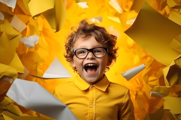 Dziecko chłopiec przedziera się przez żółty papier tła ściany koncepcji ai