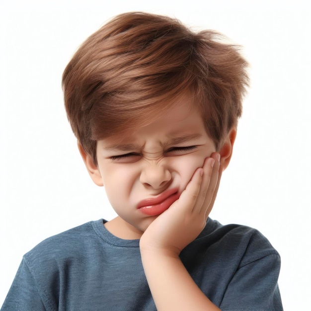 dziecko cierpiące na ból zęba trzymające brodę ręką na białym tle ai generatywne
