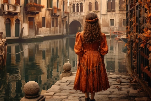Dziecko dziewczynka czerwona sukienka stara Wenecja Generowanie Ai