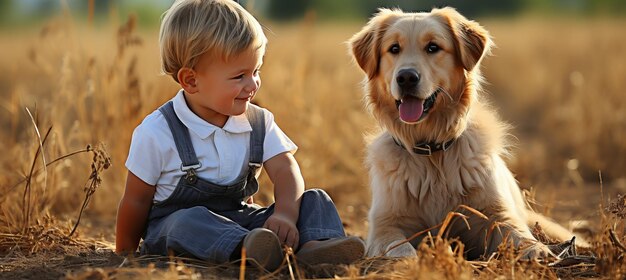 Dziecko i pies otwierają przyjaźń w malowniczej przyrodzie w letni dzień Radość i opieka z zwierzęciem