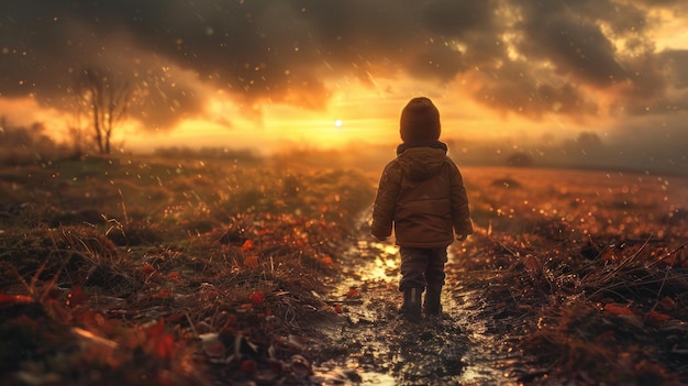 Dziecko idące po polu o zachodzie słońca