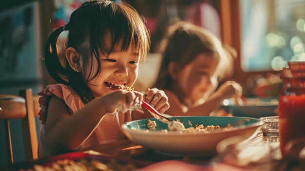 Zdjęcie dziecko je acai w misce z chrupiącą granolą i świeżymi owocami, rozmażając się z zabawy