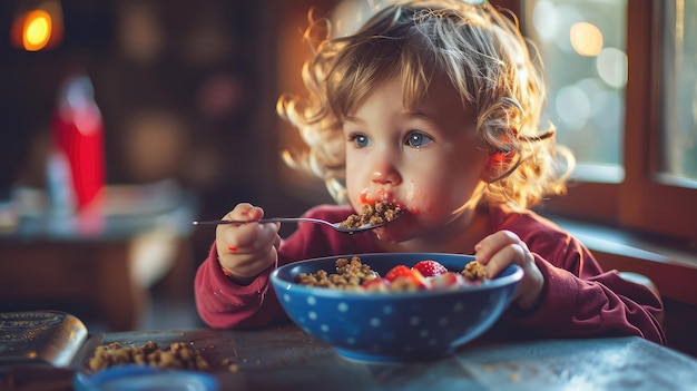 Dziecko je acai w misce z chrupiącą granolą i świeżymi owocami, rozmażając się z zabawy