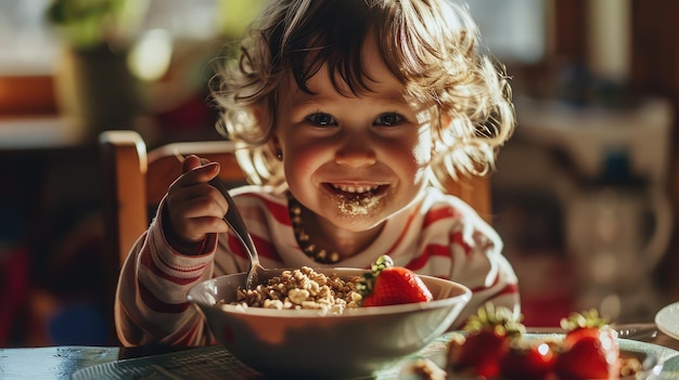 Dziecko je acai w misce z chrupiącą granolą i świeżymi owocami, rozmażając się z zabawy