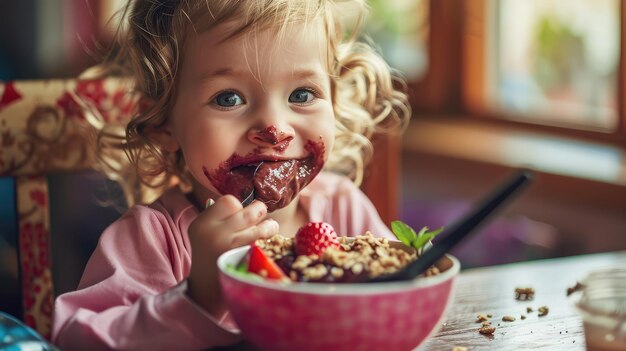 Zdjęcie dziecko je acai w misce z chrupiącą granolą i świeżymi owocami, rozmażając się z zabawy