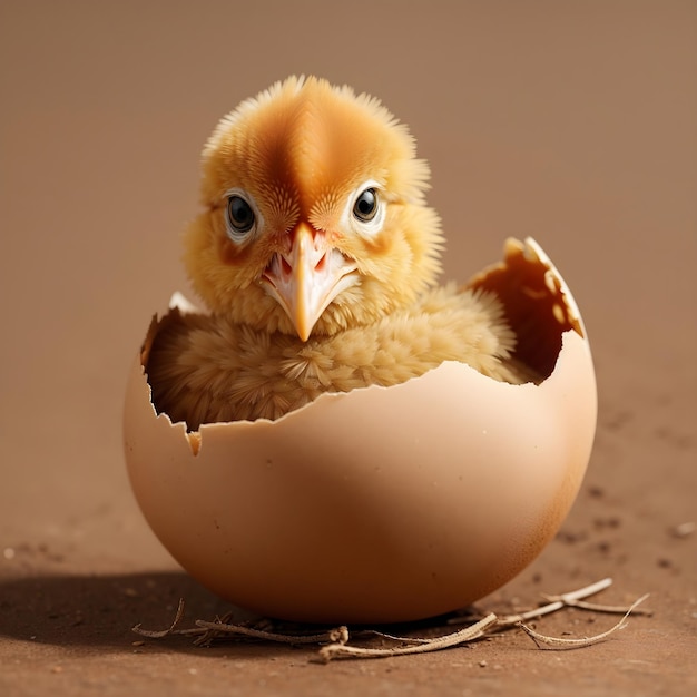 Dziecko kurczaka wyłania się z brązowego jajka
