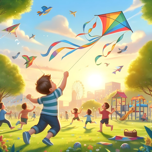 Dziecko latające latawcem w parku z innymi dziećmi