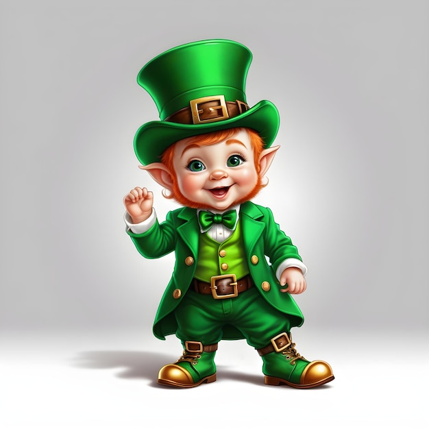 Dziecko Leprechaun w stylu kreskówki stojące na czystym białym tle