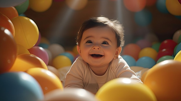 Dziecko leżące na ziemi otoczone kolorowymi balonami. Przedmioty dla dzieci