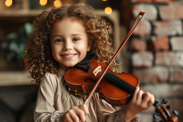 Dziecko, mała dziewczynka grająca na skrzypcach, kreatywne hobby.