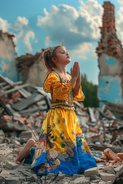 Dziecko modli się na ruinach Selektywne skupienie