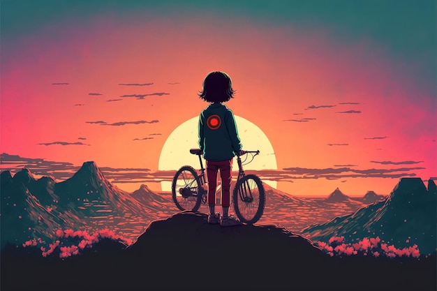 Dziecko na rowerze na górze patrząc na wieczorną scenerię ilustracja w stylu sztuki cyfrowej obraz fantasy koncepcja dziecka na rowerze
