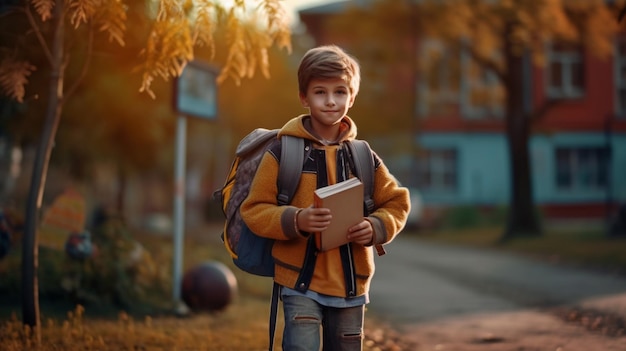 dziecko na ulicy z torbą szkolną i książką