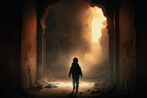 Dziecko na ulicy zbombardowanego miasta w płonących ruinach koncepcja bez wojny Generacyjna sztuczna inteligencja
