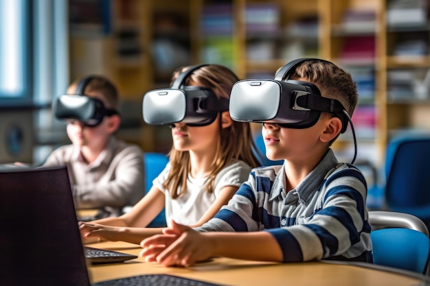 Dziecko noszące gogle VR w szkole Obraz koncepcyjny dotyczący technologii Ed i e-learningu w środowisku szkolnym