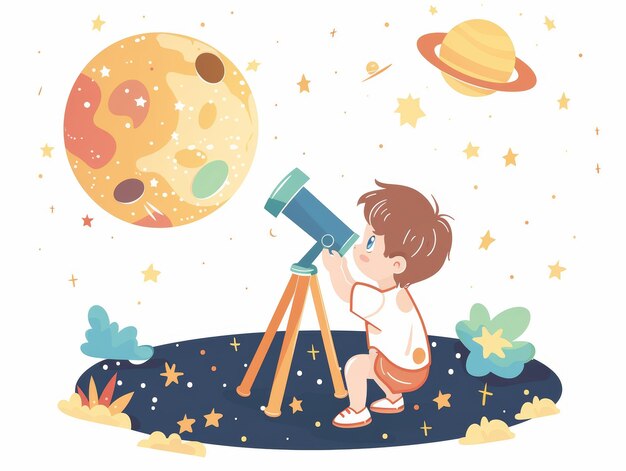 Zdjęcie dziecko odkrywa cuda nocnego nieba za pomocą zabawkowego teleskopu generatywnej sztucznej inteligencji
