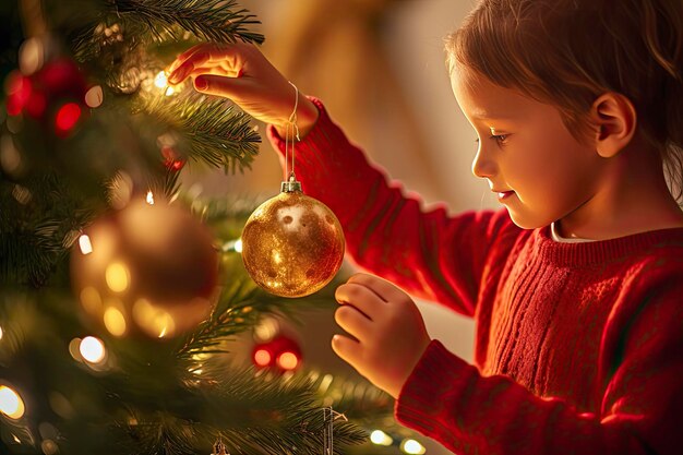 Zdjęcie dziecko ozdabiające choinkę świąteczną