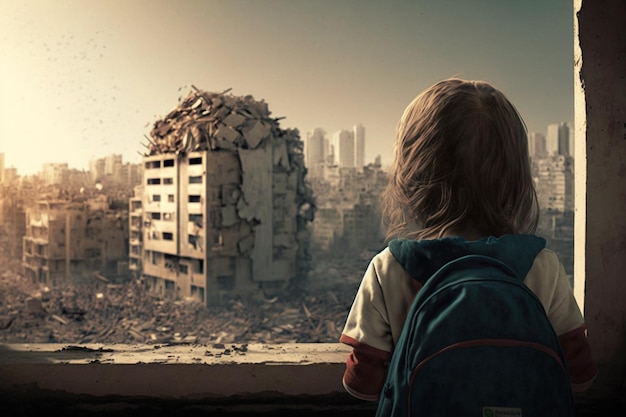 Dziecko patrzące na budynki i pejzaż miejski zniszczone podczas trzęsienia ziemi Tragedia zdenerwowała beznadziejność Generacyjna sztuczna inteligencja