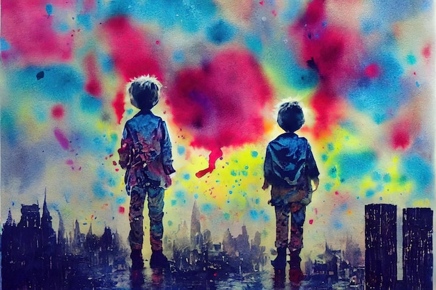 Dziecko patrzące na eksplozję grzyba atomowego w mieście cyfrowy obraz w stylu sztuki