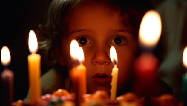 Zdjęcie dziecko patrzy na świeczki na torcie
