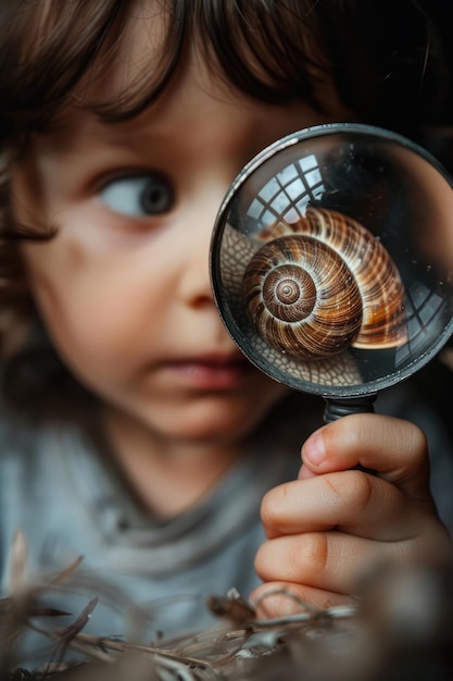Zdjęcie dziecko patrzy przez szkło powiększające na ślimaka